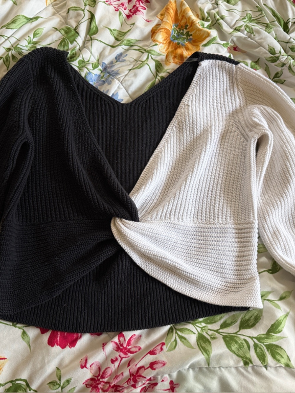 VENUS Black and White Twist-Front Knit Sweater